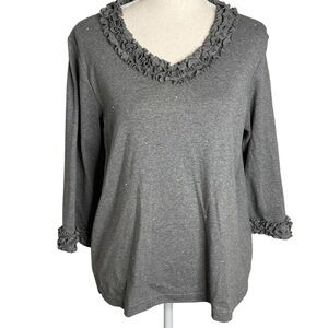 Womens Quaker Factory Small ‎ Ruffle Sweater Gray Ruffled V-Neck Top
